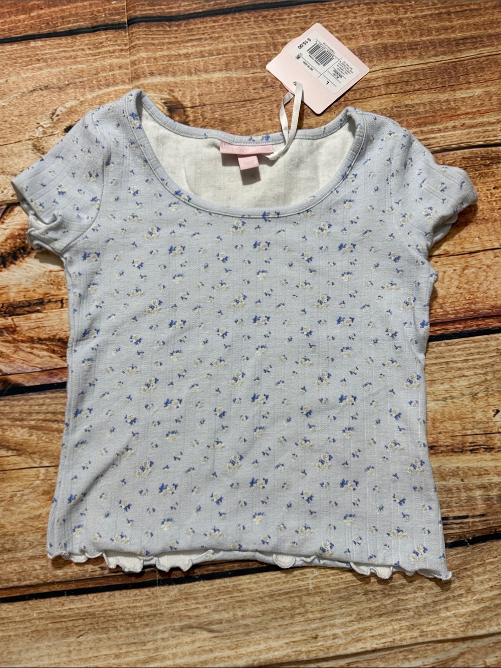 NWT LoveShackFancy x Target Blue Floral Ribbed Lettuce Hem Tee Large
